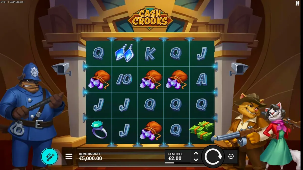 Cash Crooks slot gameplay na nagpapakita ng mga vault dials at cartoon cat burglars