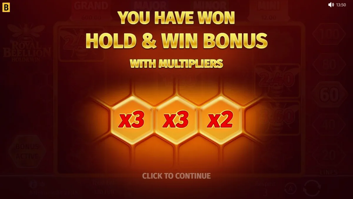 Royal Beellion Hold & Win slot machine gameplay interface na may mga gintong pukyutan at honeycomb background